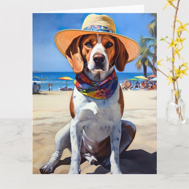 Beagle on Beach, summer gift for dog lovers  Card (Yellow Flower)