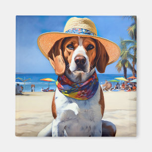 Beagle on Beach, summer gift for dog lovers Magnet