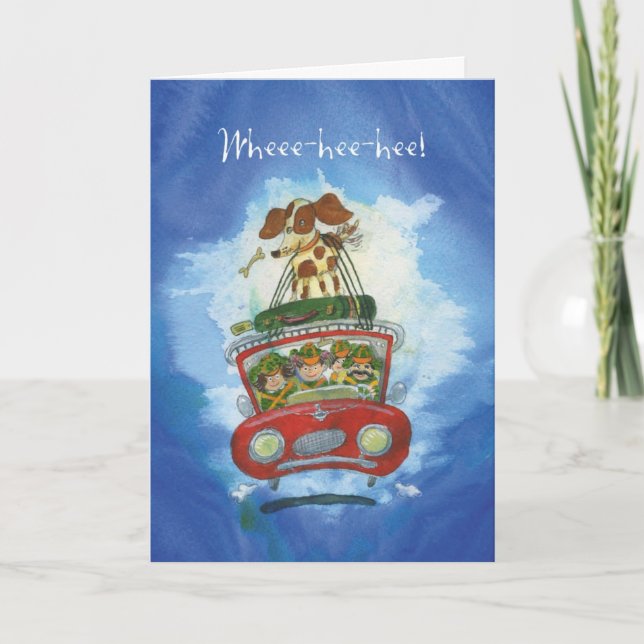 Beagle on Car - Funny Birthday Card (Front)