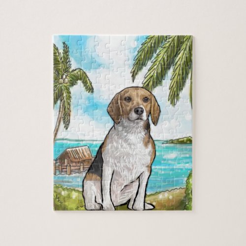 Beagle on Vacation Tropical Beach Jigsaw Puzzle