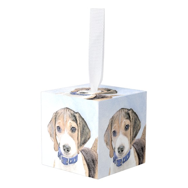 Beagle Painting - Cute Original Dog Art Cube Ornament (Front Angled)