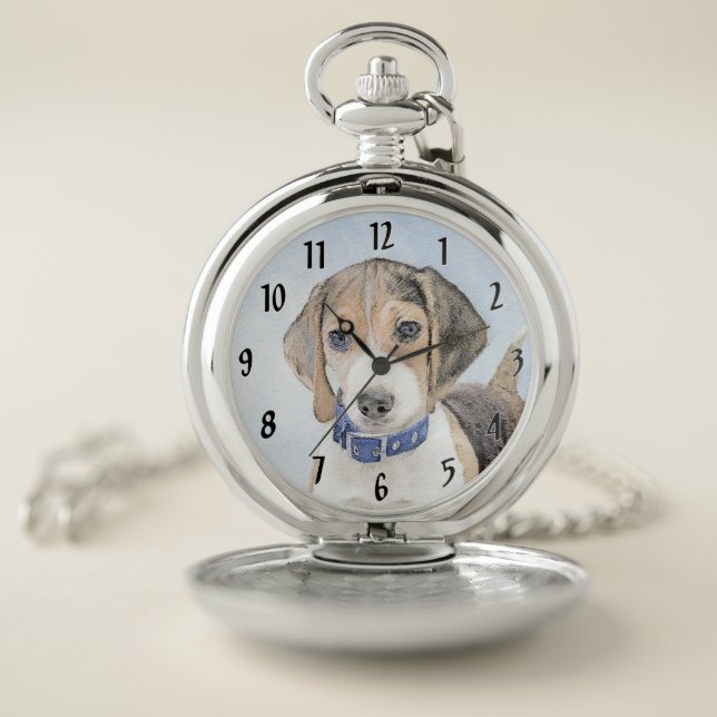 Beagle Painting - Cute Original Dog Art Pocket Watch (Inside)