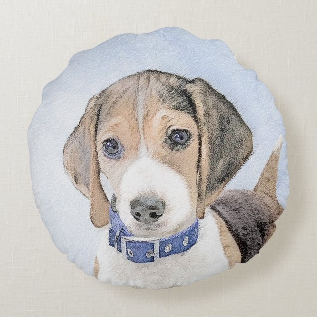 Beagle Painting - Cute Original Dog Art Round Pillow (Back)