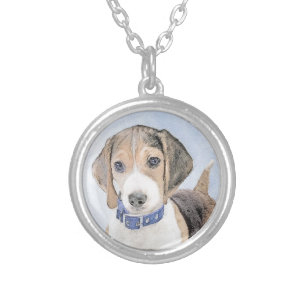 Beagle Painting - Cute Original Dog Art Silver Plated Necklace