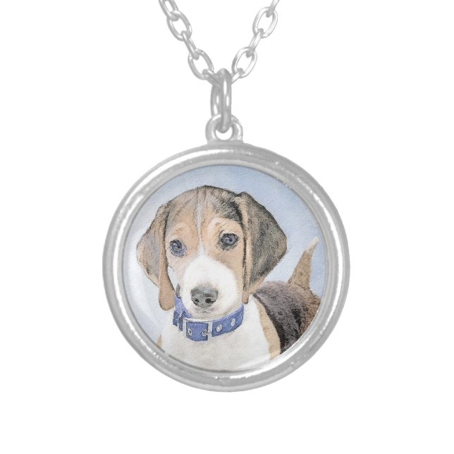 Beagle Painting - Cute Original Dog Art Silver Plated Necklace (Front)