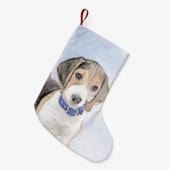 Beagle Painting - Cute Original Dog Art Small Christmas Stocking (Front (Hanging))