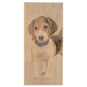 Beagle Painting - Cute Original Dog Art Wood Flash Drive