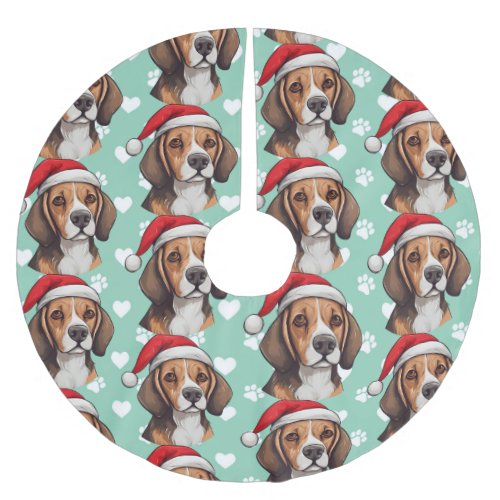 Beagle Paws and Hearts Green Brushed Polyester Tree Skirt