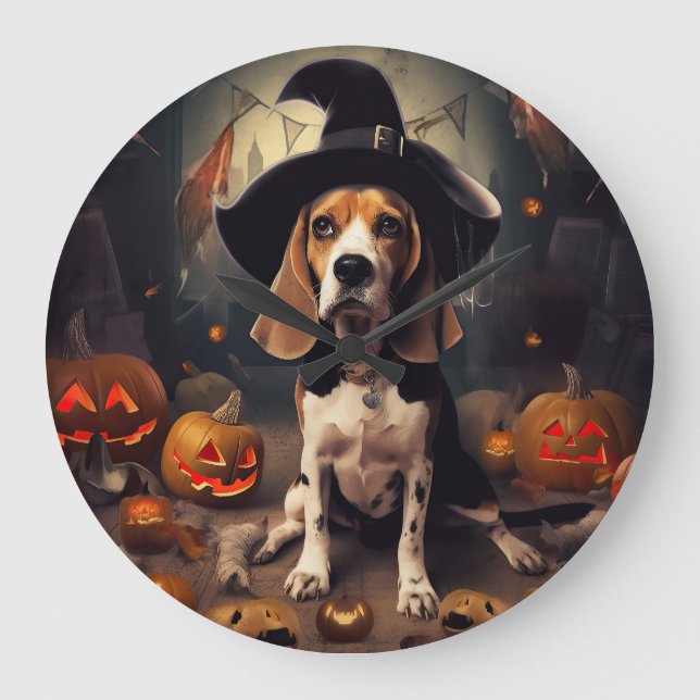 Beagle Pumpkins Halloween Scary Large Clock (Front)