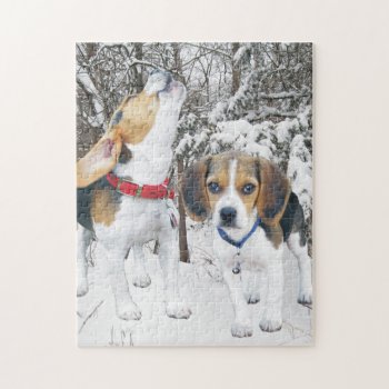 Beagle Puppies In The Snowy Woods Jigsaw Puzzle by WackemArt at Zazzle