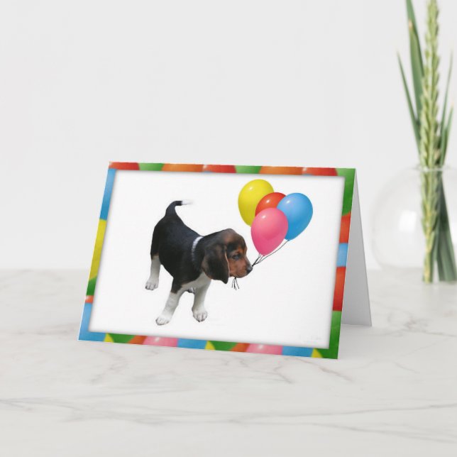 Beagle Puppy and Balloons Birthday Card (Front)