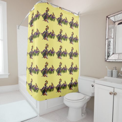 Beagle Puppy And Butterflies Animal Shower Curtain