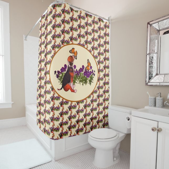 Beagle Puppy And Butterflies Animal Shower Curtain (In Situ)