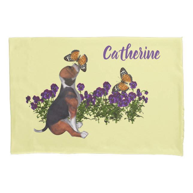 Beagle Puppy And Butterflies Personalized Animal  Pillow Case (Front)