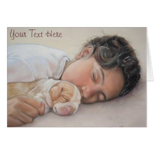 beagle puppy and child realist portrait painting cards