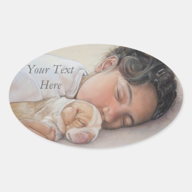 beagle puppy and child realist portrait painting oval sticker (Front)