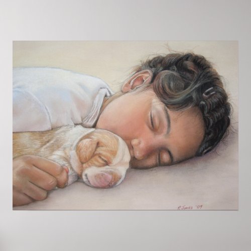 beagle puppy and child realist portrait painting poster