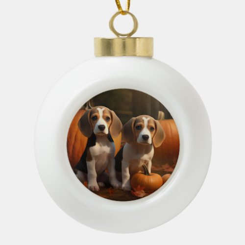 Beagle Puppy Autumn Delight Pumpkin  Ceramic Ball Christmas Ornament