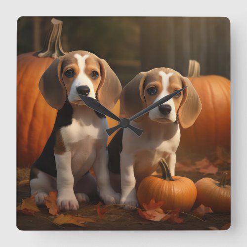 Beagle Puppy Autumn Delight Pumpkin  Square Wall Clock