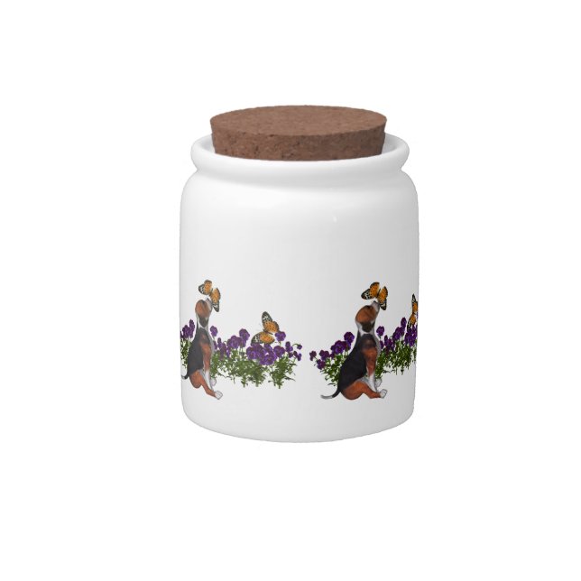 Beagle Puppy Butterflies And Flowers Candy Jar (Front)