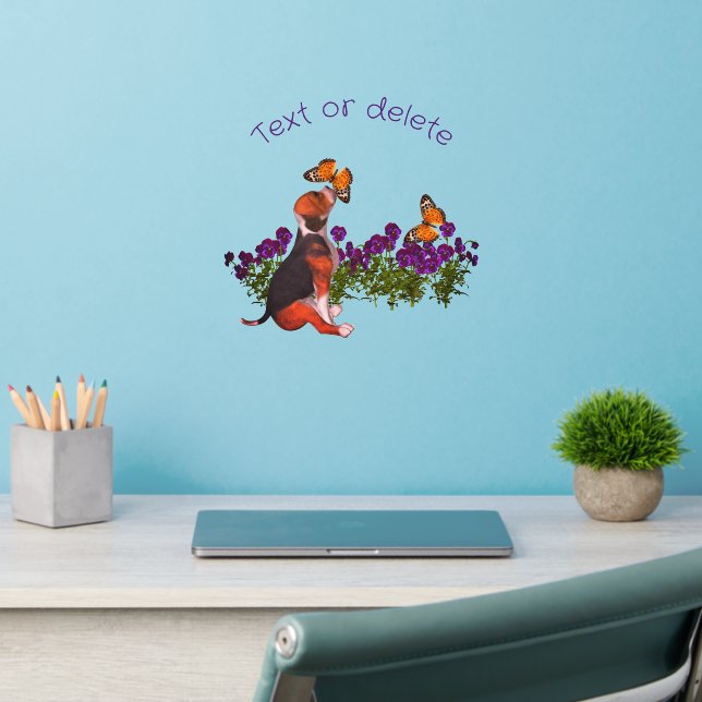 Beagle Puppy Butterflies And Flowers Personalized Wall Decal (Home Office 2)