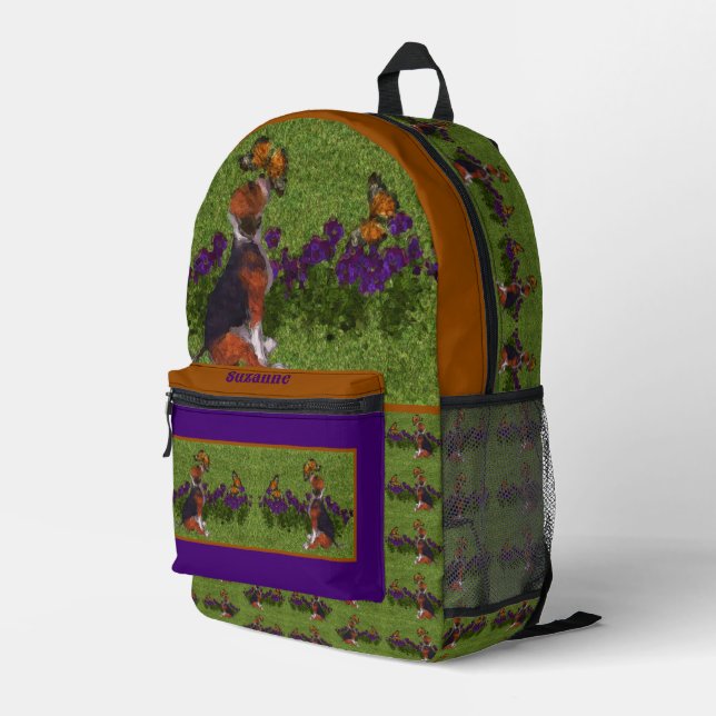 Beagle Puppy Butterflies Dog Art Personalized Printed Backpack (Back Corner Right)