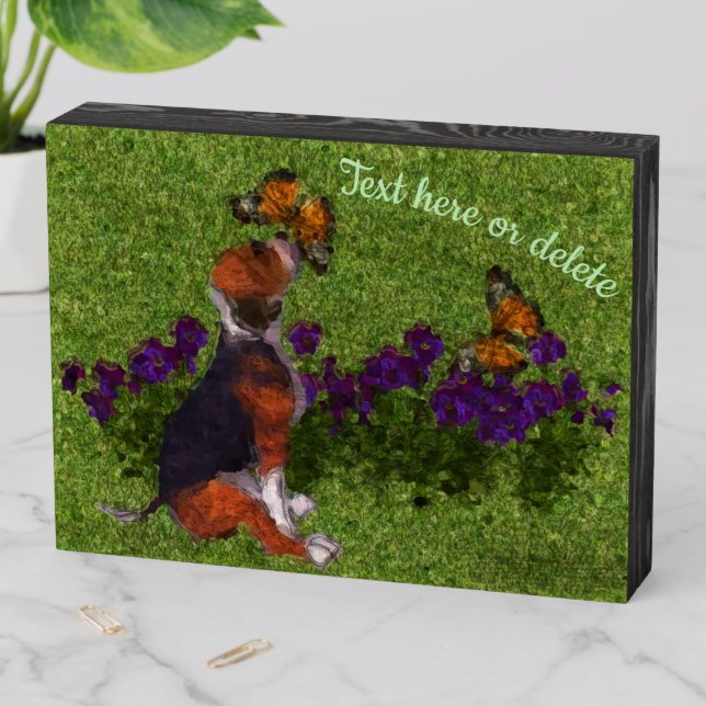 Beagle Puppy Butterflies Dog Art Personalized Wooden Box Sign (In Situ Horizontal)