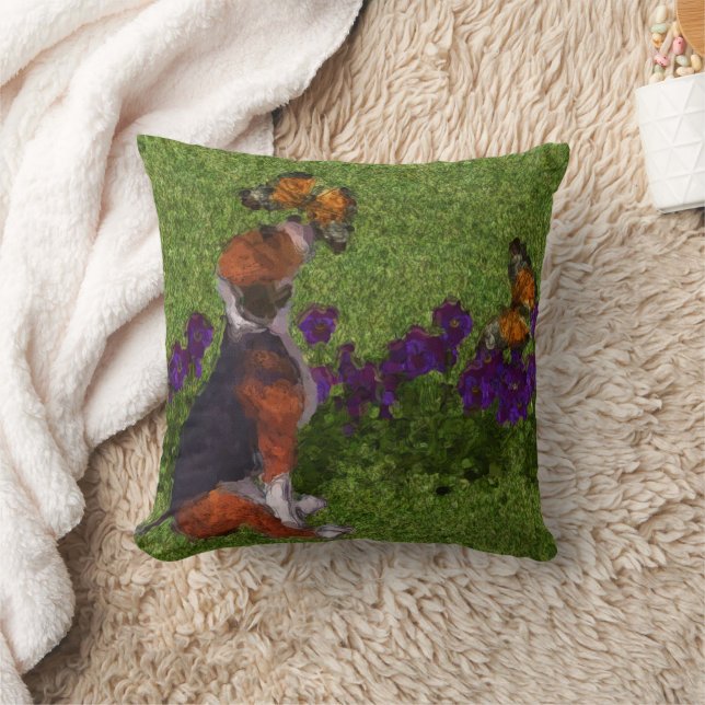 Beagle Puppy Butterflies Flowers Dog Art Throw Pillow (Blanket)