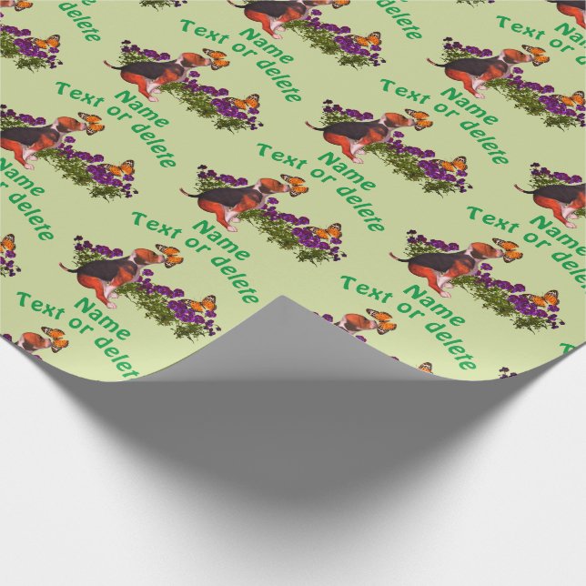 Beagle Puppy Butterflies Flowers Personalized Wrapping Paper (Corner)