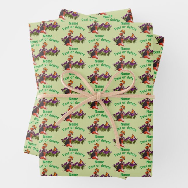 Beagle Puppy Butterflies Flowers Personalized Wrapping Paper Sheets (In situ)