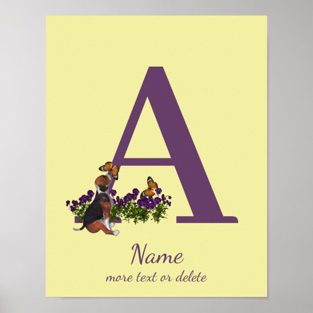 Beagle Puppy Butterflies Monogram Initial A Name  Poster (Front)