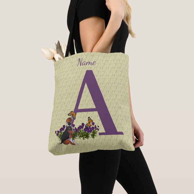 Beagle Puppy Butterflies Monogram Initial A Name   Tote Bag (Close Up)