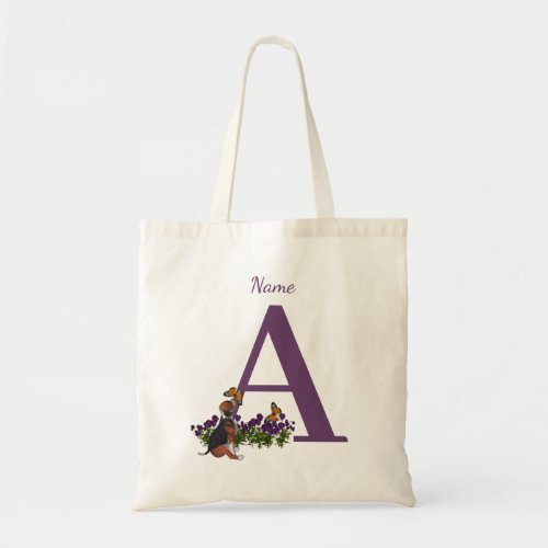 Beagle Puppy Butterflies Monogram Initial A Name  Tote Bag