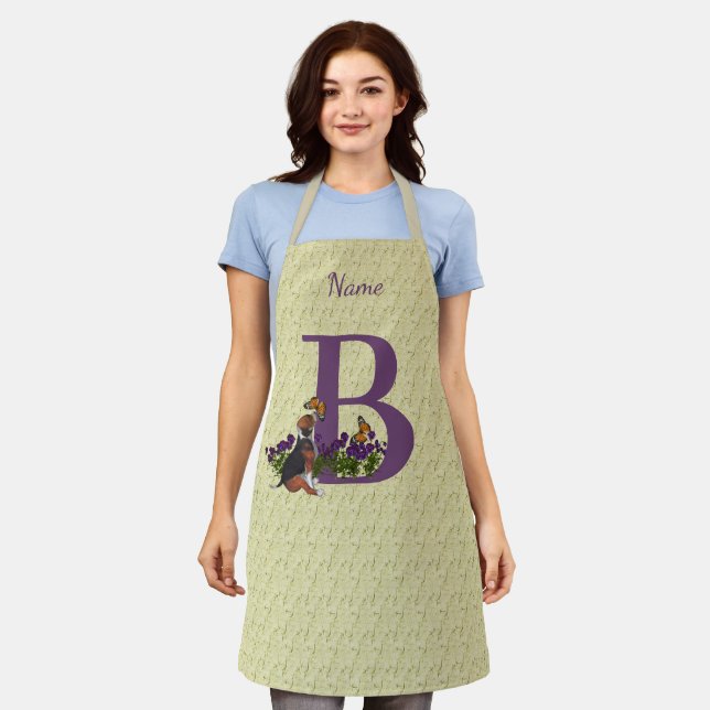 Beagle Puppy Butterflies Monogram Initial B Name   Apron (Worn)
