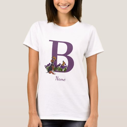 Beagle Puppy Butterflies Monogram Initial B Name  T_Shirt
