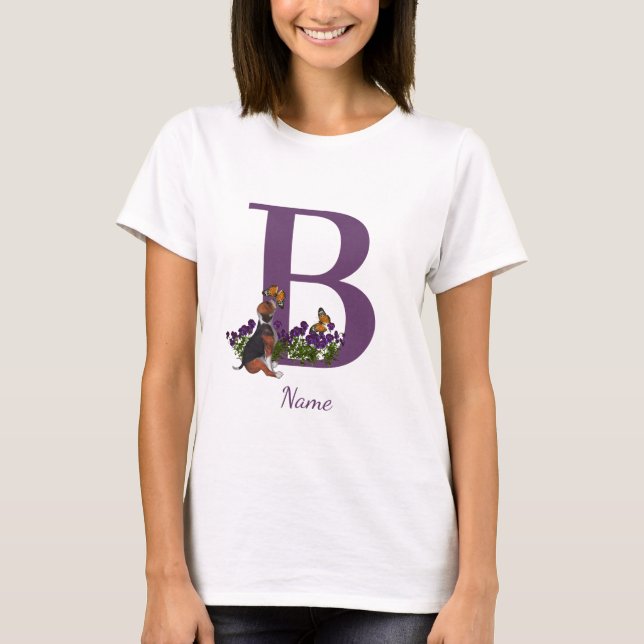 Beagle Puppy Butterflies Monogram Initial B Name  T-Shirt (Front)