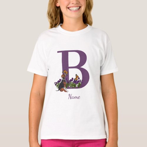 Beagle Puppy Butterflies Monogram Initial B Name  T_Shirt
