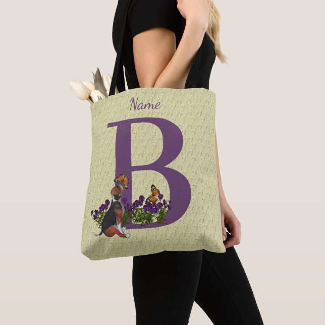 Beagle Puppy Butterflies Monogram Initial B Name Tote Bag (Close Up)