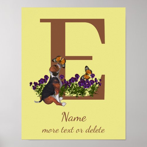 Beagle Puppy Butterflies Monogram Initial E Name  Poster