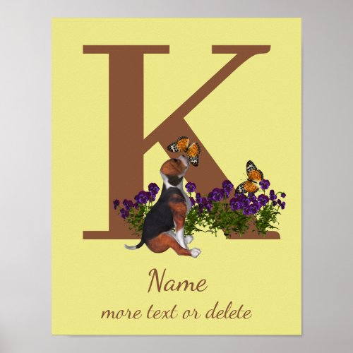 Beagle Puppy Butterflies Monogram Initial K Name  Poster