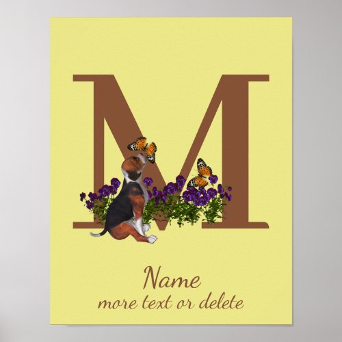 Beagle Puppy Butterflies Monogram Initial M Name  Poster