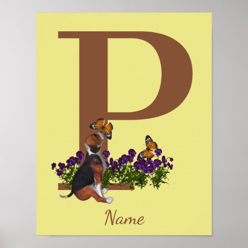 Beagle Puppy Butterflies Monogram Initial P Name  Poster