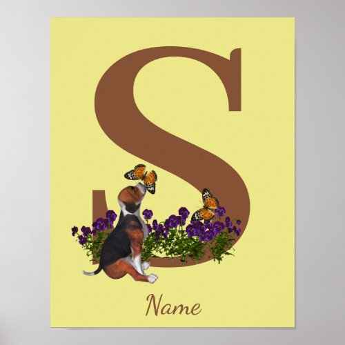 Beagle Puppy Butterflies Monogram Initial S Name  Poster