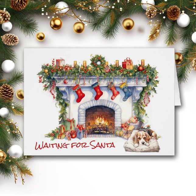 Beagle Puppy Christmas Fireplace Wait for Santa Cards (Creator Uploaded)