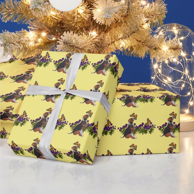 Beagle Puppy Dog And Butterflies Animal   Wrapping Paper (Holidays)