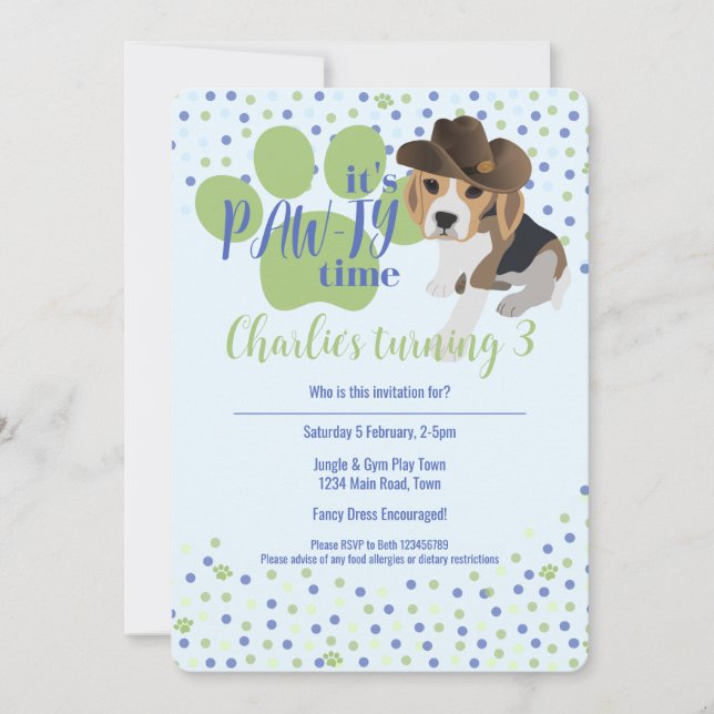 Beagle Puppy Dog Blue Kids Birthday Invitation (Front)