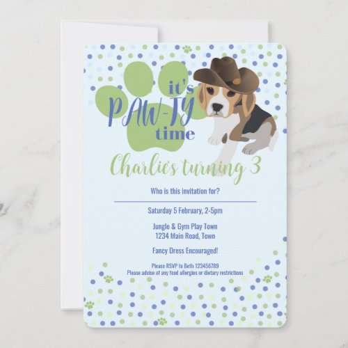 Beagle Puppy Dog Blue Kids Birthday Invitation