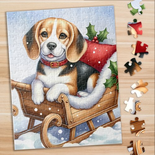 Beagle Puppy Dog Festive Holiday Scene Christmas Jigsaw Puzzle