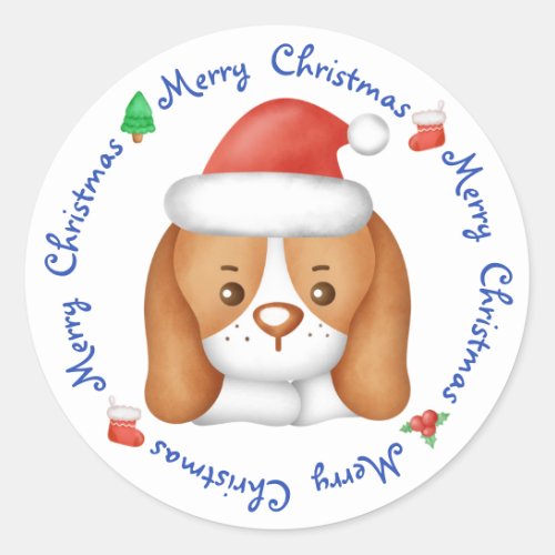 Beagle Puppy Dog Festive Santa Merry Christmas Classic Round Sticker