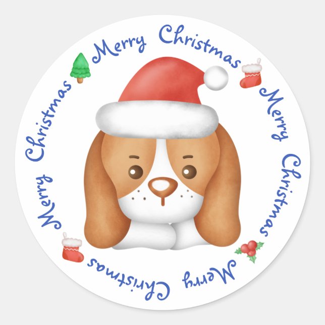 Beagle Puppy Dog Festive Santa Merry Christmas Classic Round Sticker (Front)